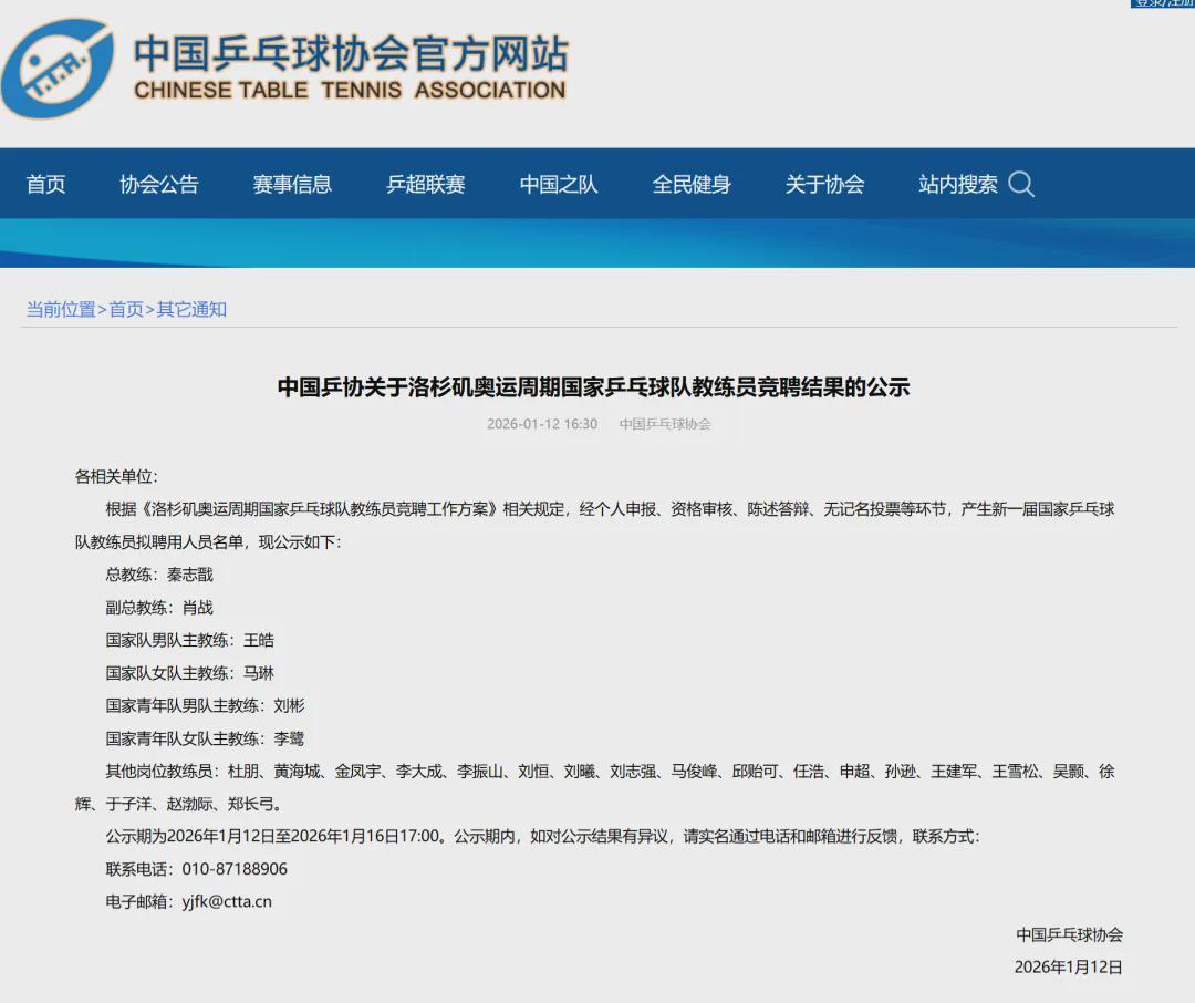 沙巴体育官方入口-国乒教练竞聘结果，出炉！拟聘秦志戬、肖战、王皓、马琳等